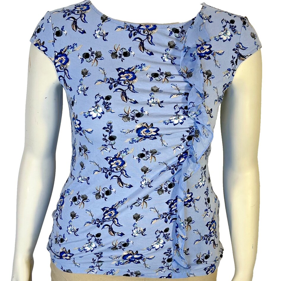 WHBM Blouse Womens M Blue Antique Floral Cap Sleeve Round Neck Ruffle Accent